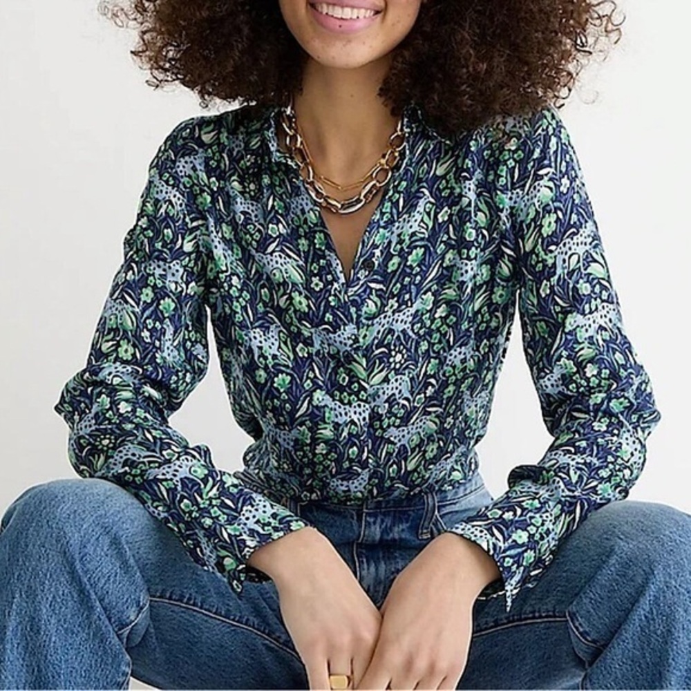 J. Crew blue and green floral leopard button down blouse